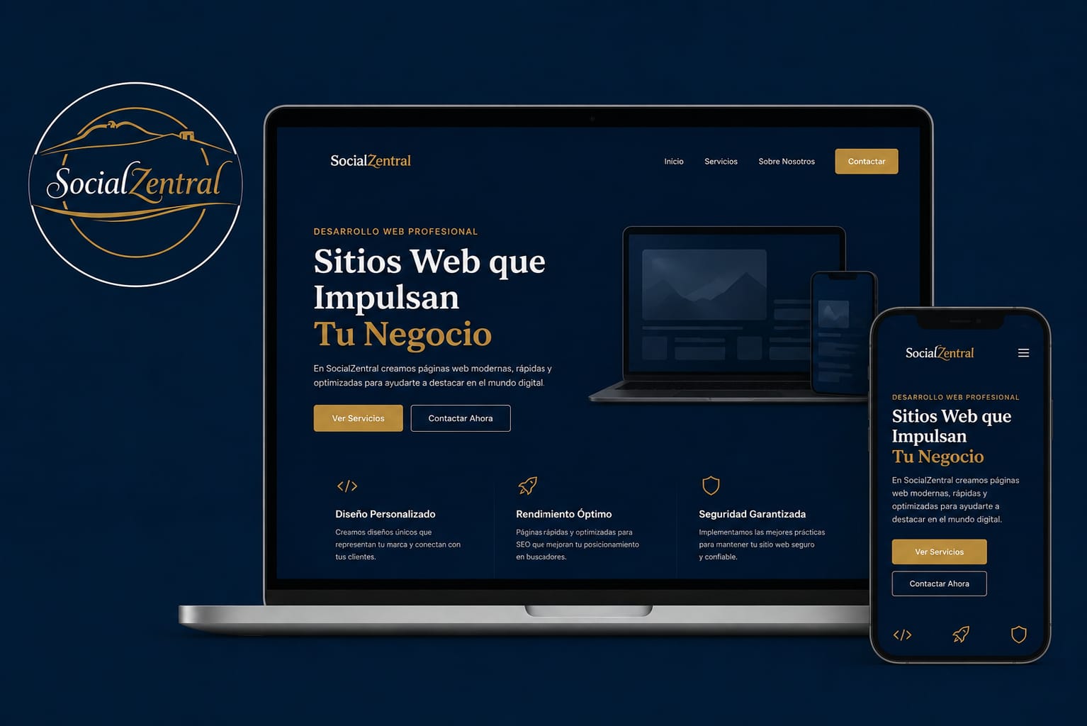 Vista previa de una web premium diseñada por Social Zentral en portátil y móvil